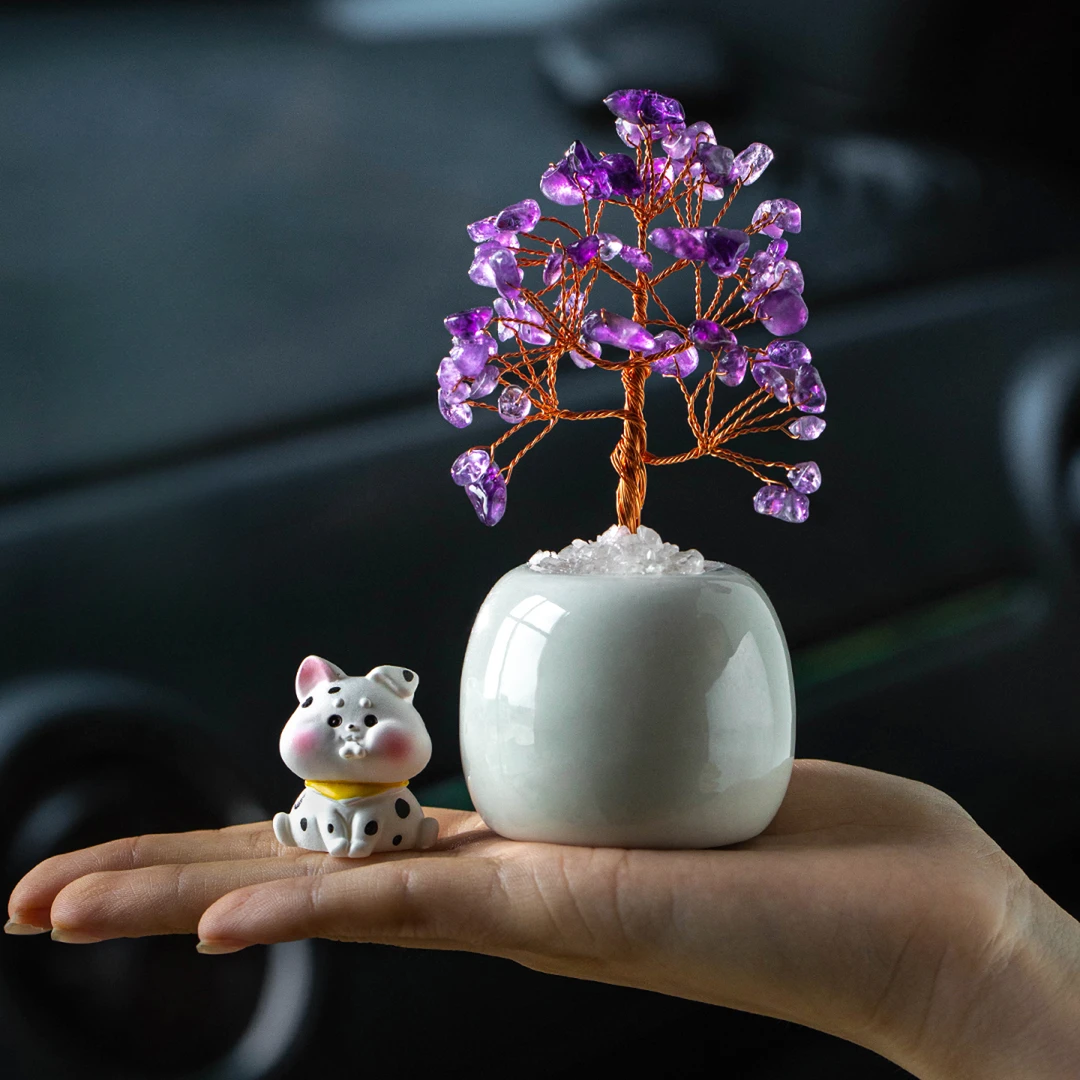 朴房天然紫水晶发财树车内装饰招米十二生肖办公室桌简约桌面饰品