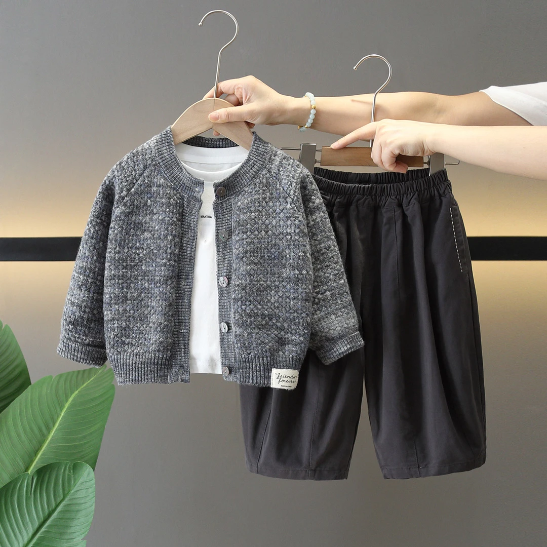 男童秋装套装2025新款洋气儿童毛衣外套三件套宝宝春秋韩版衣服潮