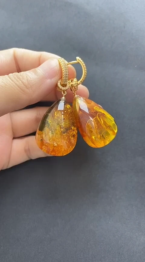 银S925镶嵌琥珀裸石花珀耳坠