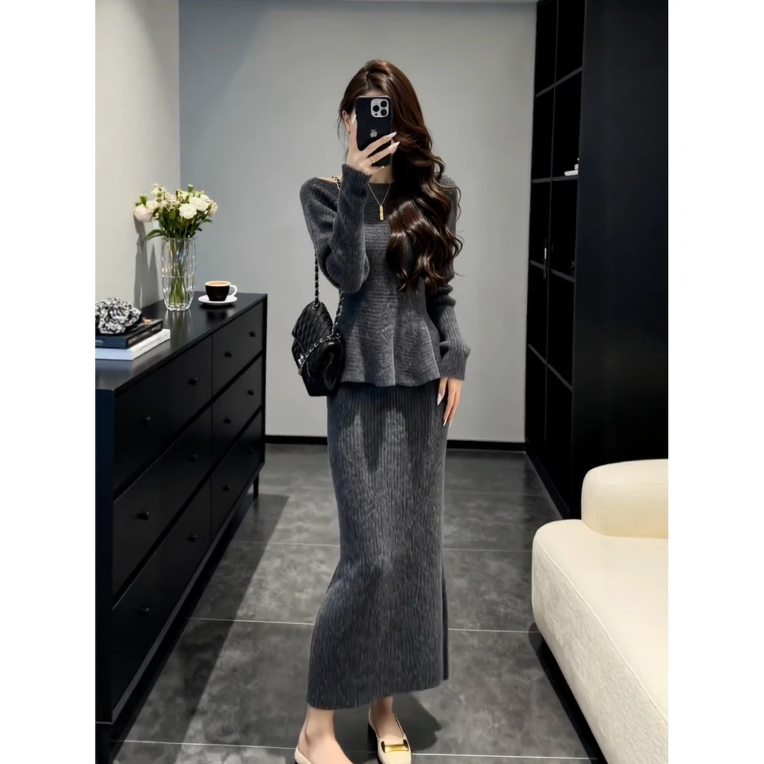 深灰色花边下摆针织上衣直筒半身裙两件套秋冬显瘦穿搭设计感套装
