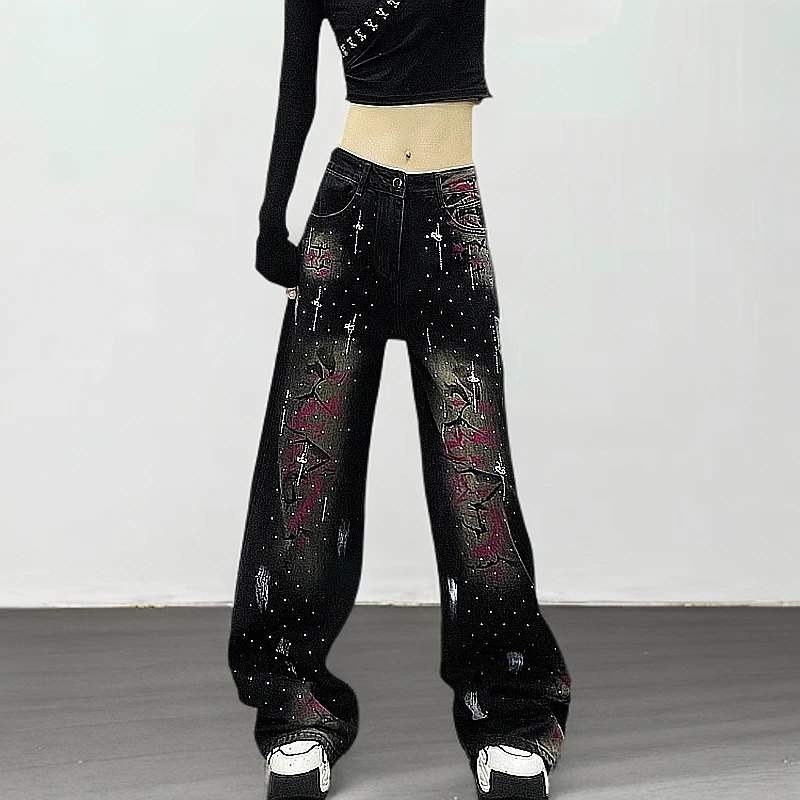 2025春秋流行新款爆款小众宽松百搭阔腿拖地裤女显瘦烫钻牛仔裤