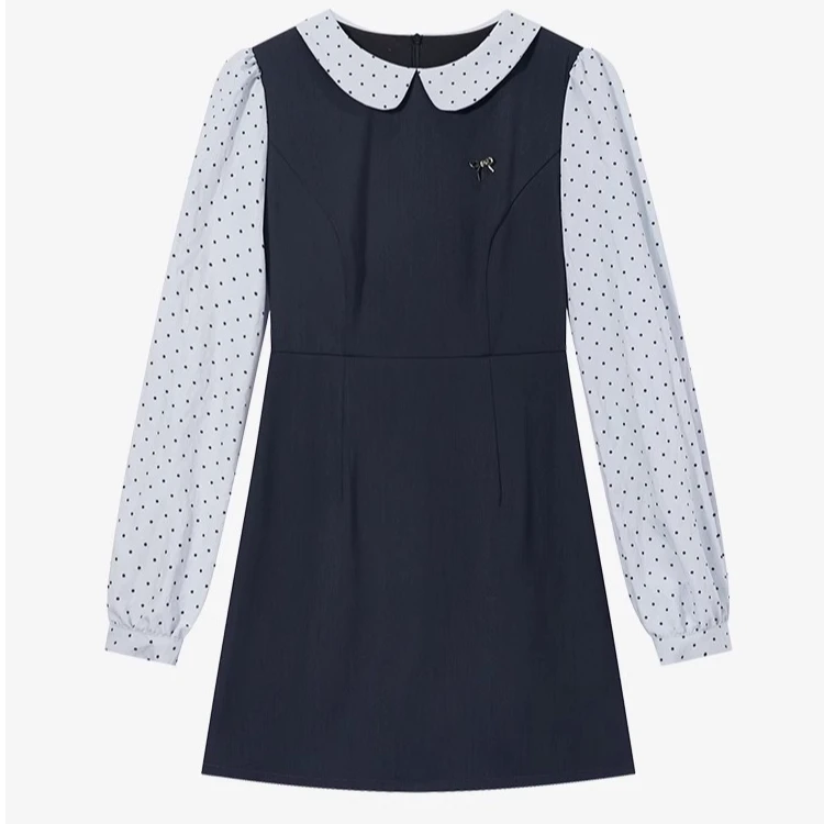 羊城故事-学院风假两件长袖连衣裙韩系娃娃领波点短裙Y41247682