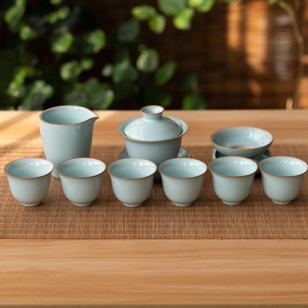 简匠汝窑当代原矿天青开片元宝盖碗茶具套装高端礼品汝瓷茶具礼品