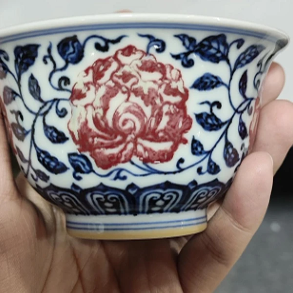 【小乔赏瓷】司陶坊青花釉里红缠枝花卉杯stf199