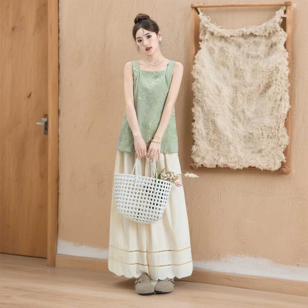 绿色国风提花吊带减龄蝴蝶结系带无袖露背上衣背心夏季女长款甜美