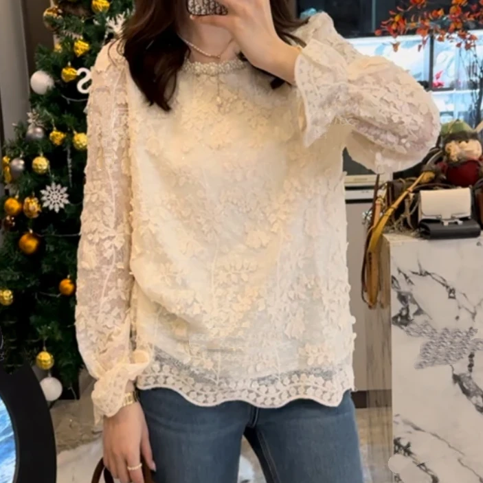 设计感法式轻奢蕾丝打底衫女2025春季新款纯色重工气质长袖衬衫