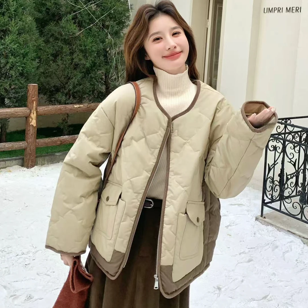 0710 韩系菱格羽绒服女2025冬季短款宽松保暖外套8225