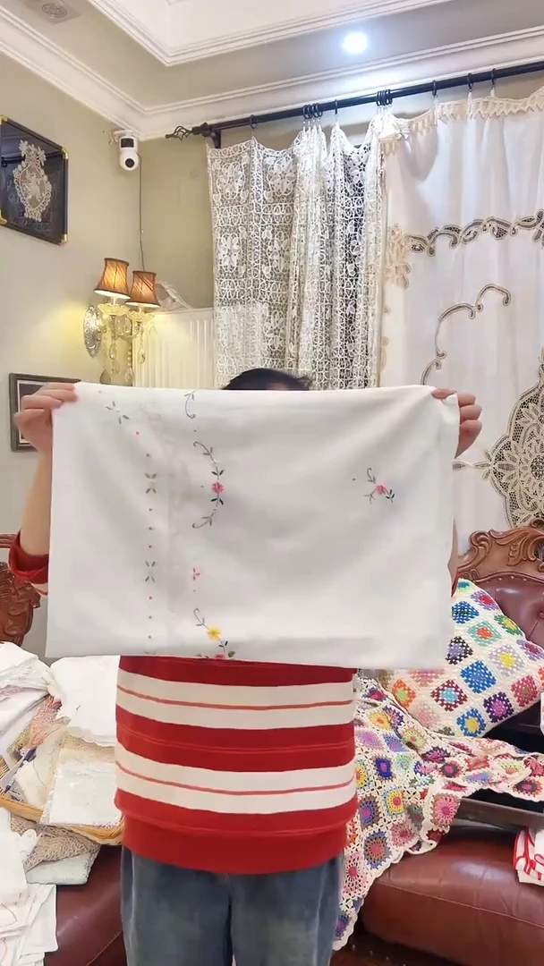 棉A196白色棉麻（110*160cm）手工重工彩绣抽丝长桌布搭盖巾