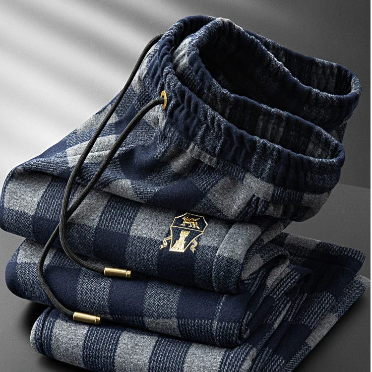 梵基弗奈秋冬保暖磨毛呢格子裤男直筒厚款松紧腰高端男士休闲卫裤