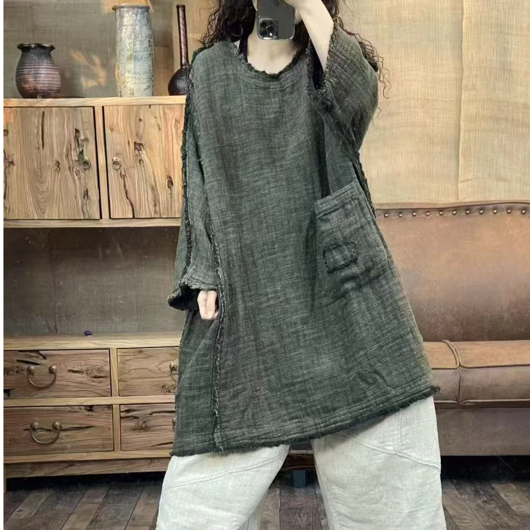 【老钱推荐】2025新款v领毛边双织肌理亚麻超色裙袍(飞飞家)