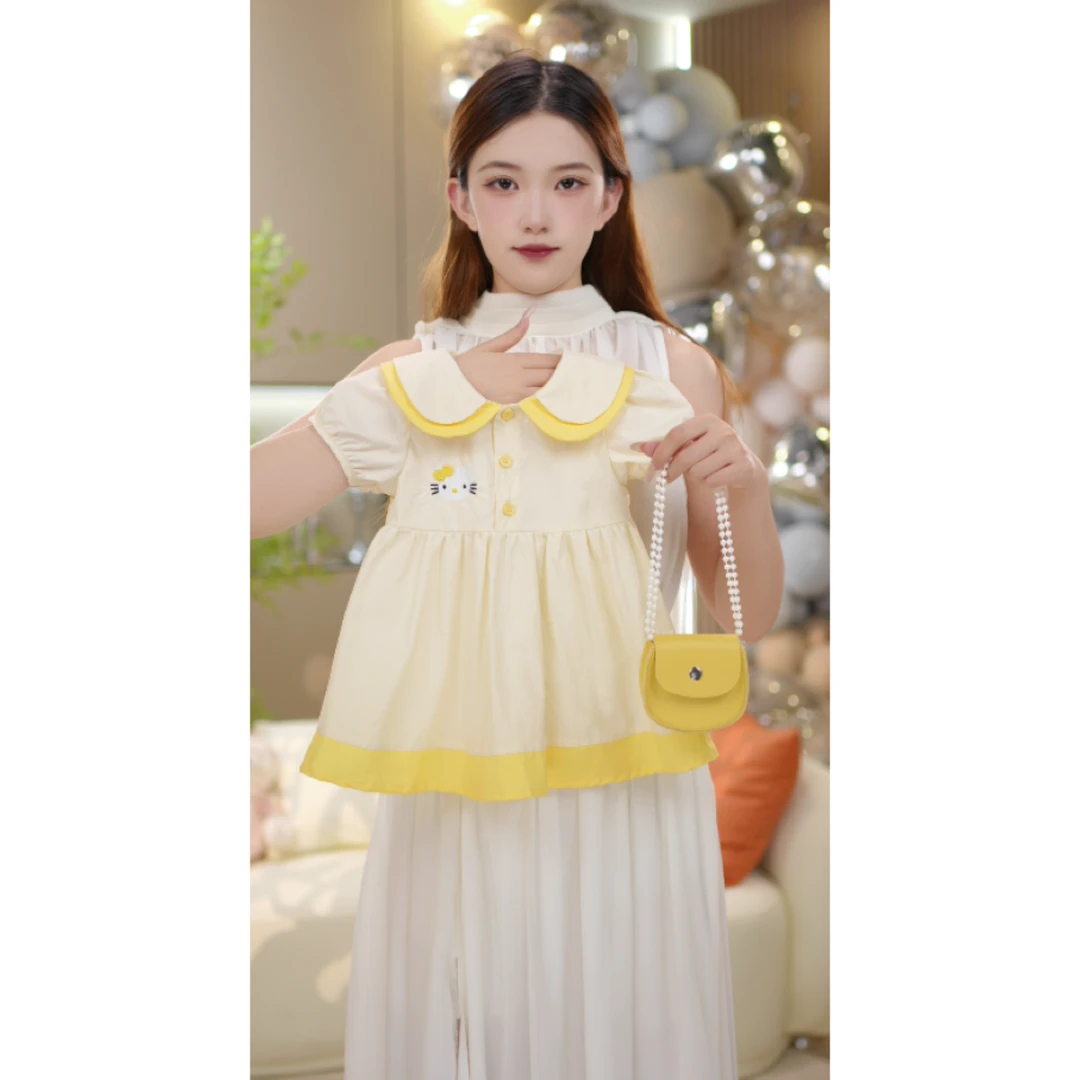 女童夏季短袖连衣裙2025夏季新款棉布娃娃领刺绣kitty连衣裙6595