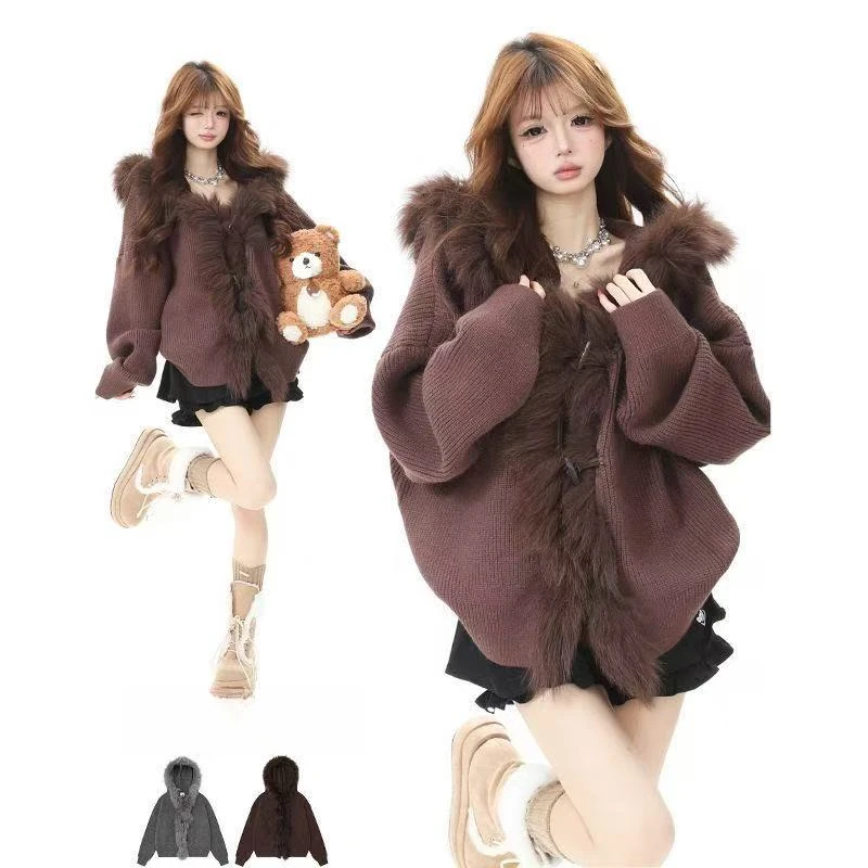 美式慵懒风设计感大毛领针织毛衣女2025秋冬新款气质百搭宽松外套