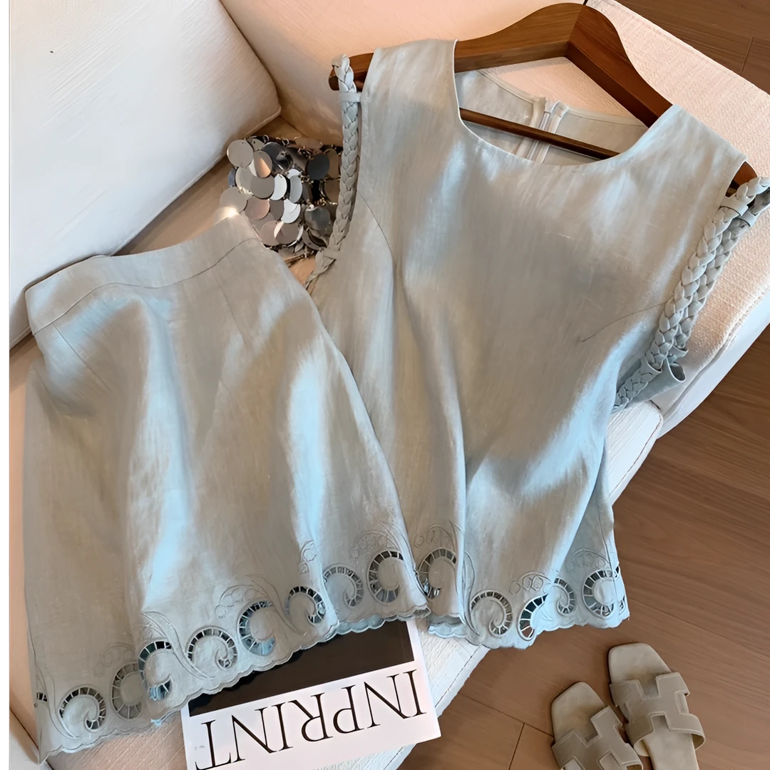 镂空刺绣编织亚麻背心套装女夏新款高级感小众时尚亚麻无袖上衣