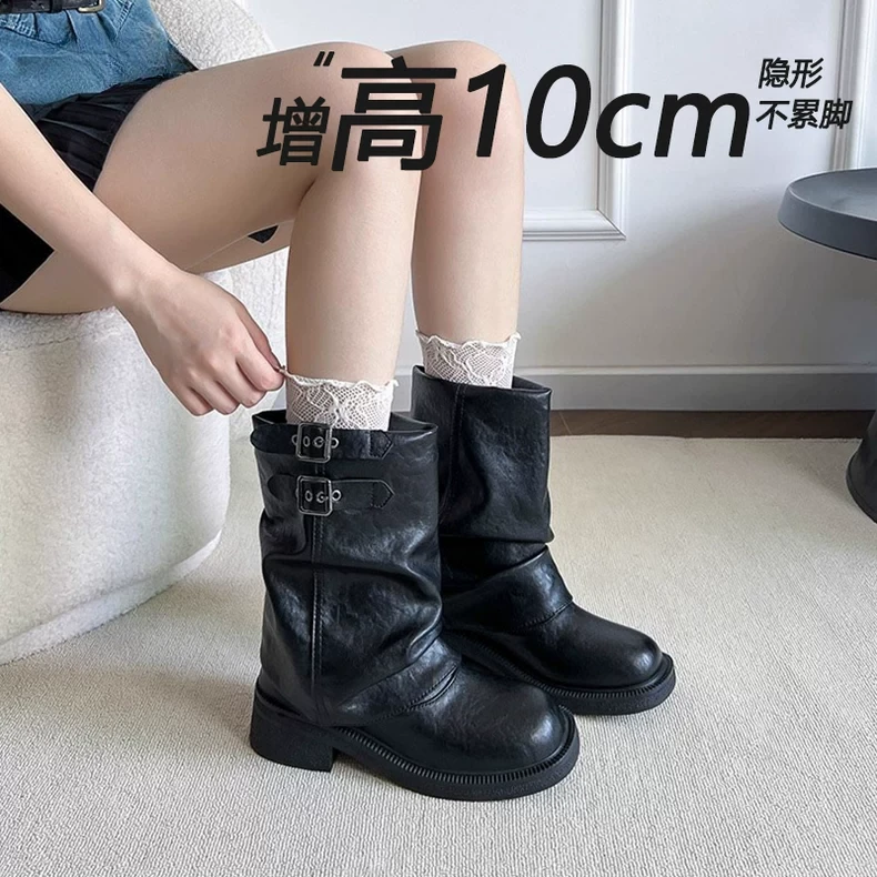 小个子英伦风10cm真皮西部牛仔马丁靴女2025秋季内增高堆堆靴
