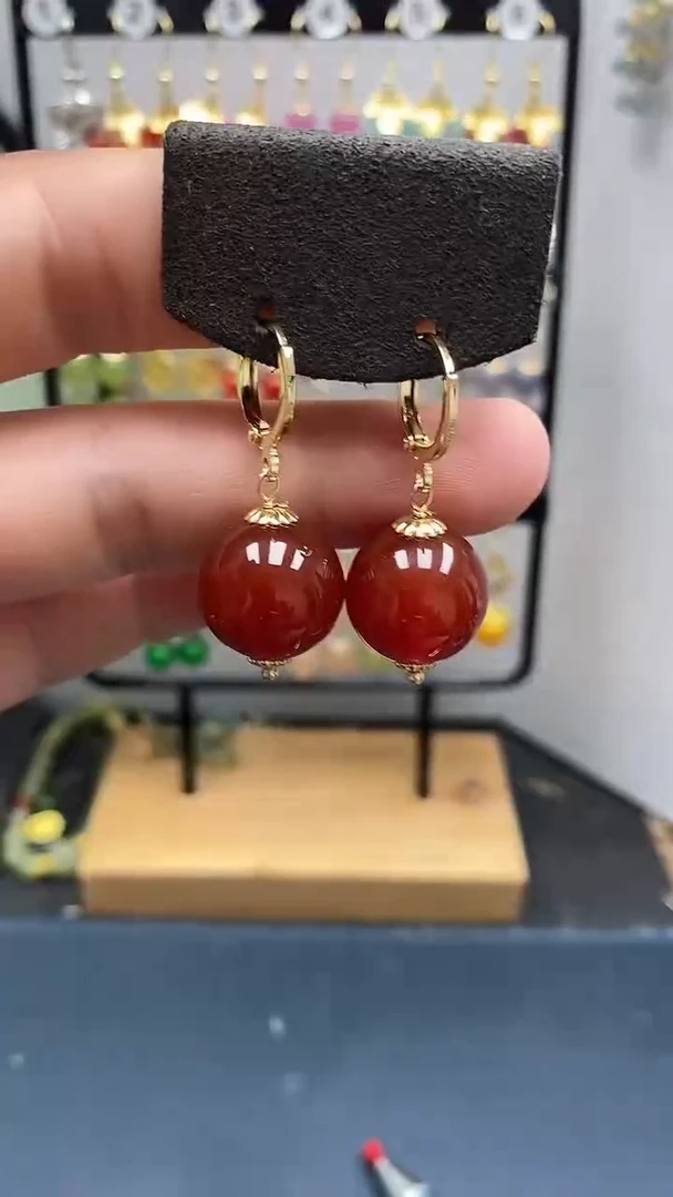 银S925镀金镶嵌南红玛瑙耳饰尺寸16mm耳扣66