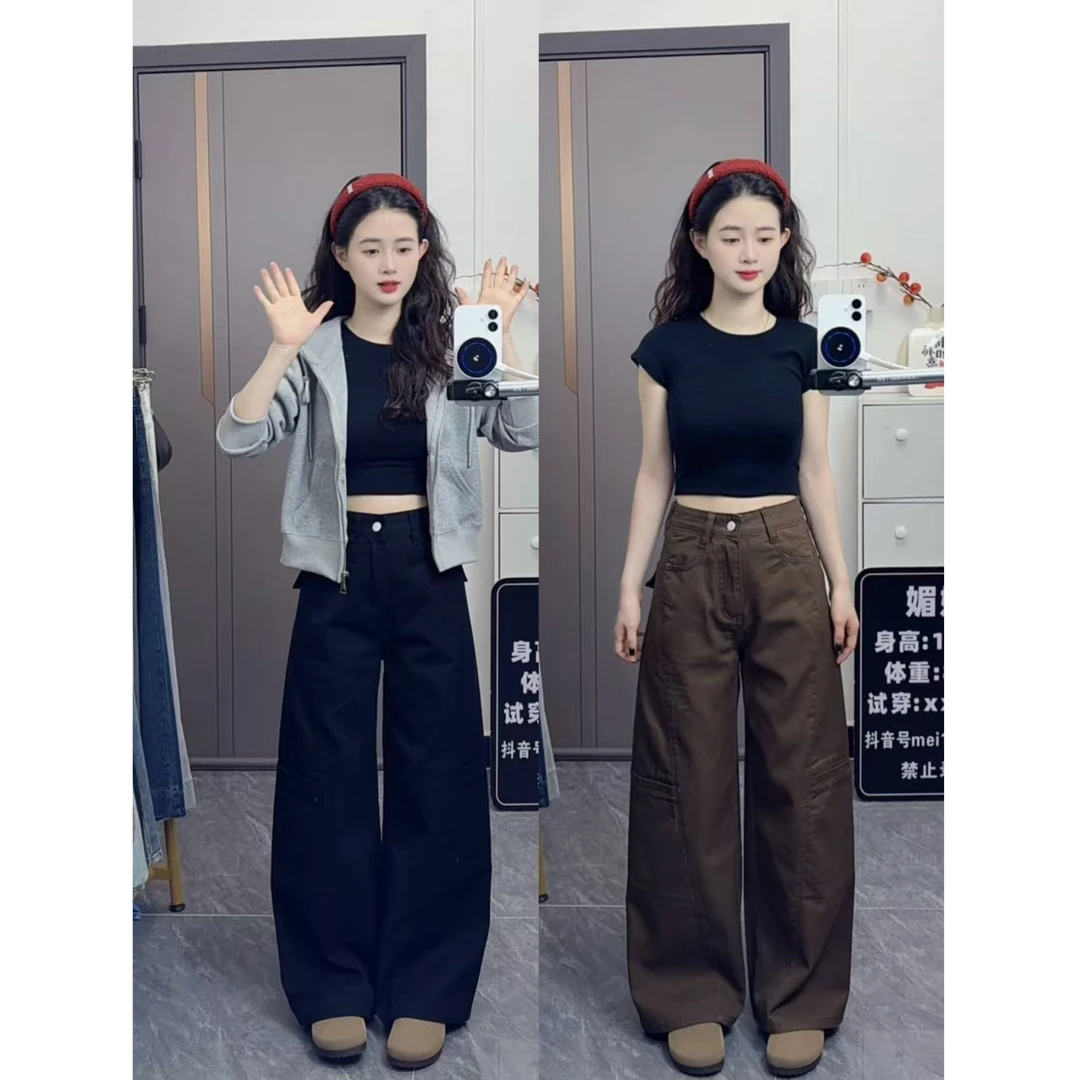 美式黑色复古工装牛仔裤女秋季新款高腰显瘦宽松弛感阔腿休闲裤子