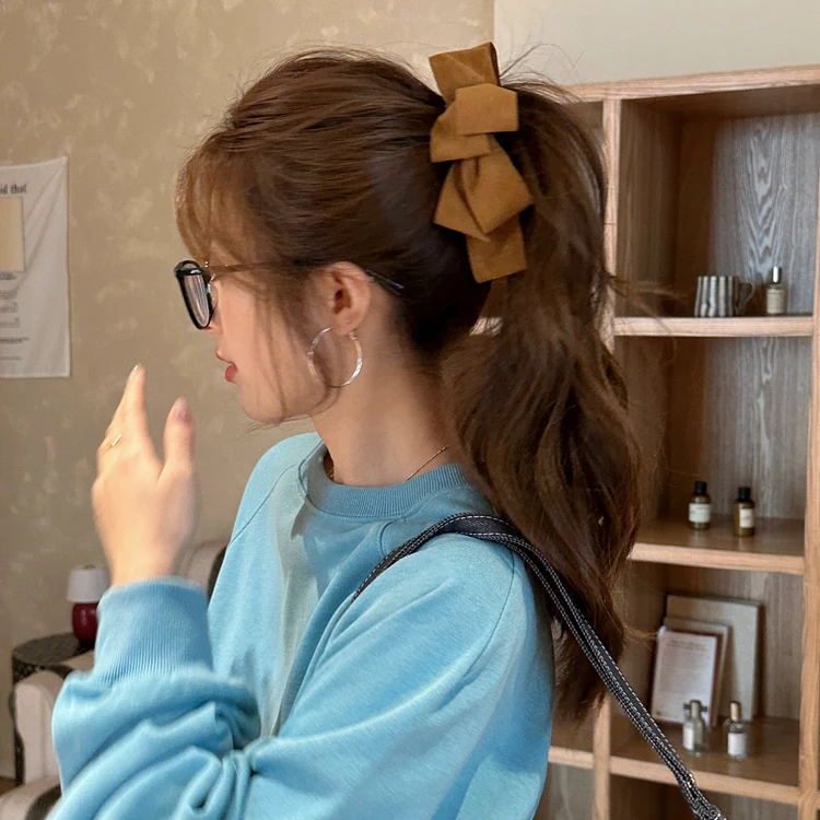 复古绒面多层蝴蝶结香蕉夹甜美高马尾发夹气质百搭发饰法式发卡