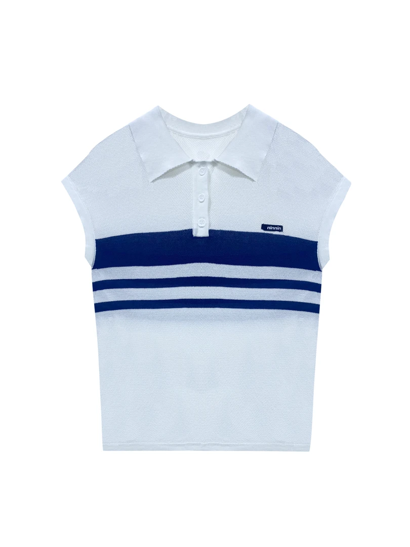 5303短袖针织衫女单穿绝美小众轻熟气质polo条纹正肩上衣