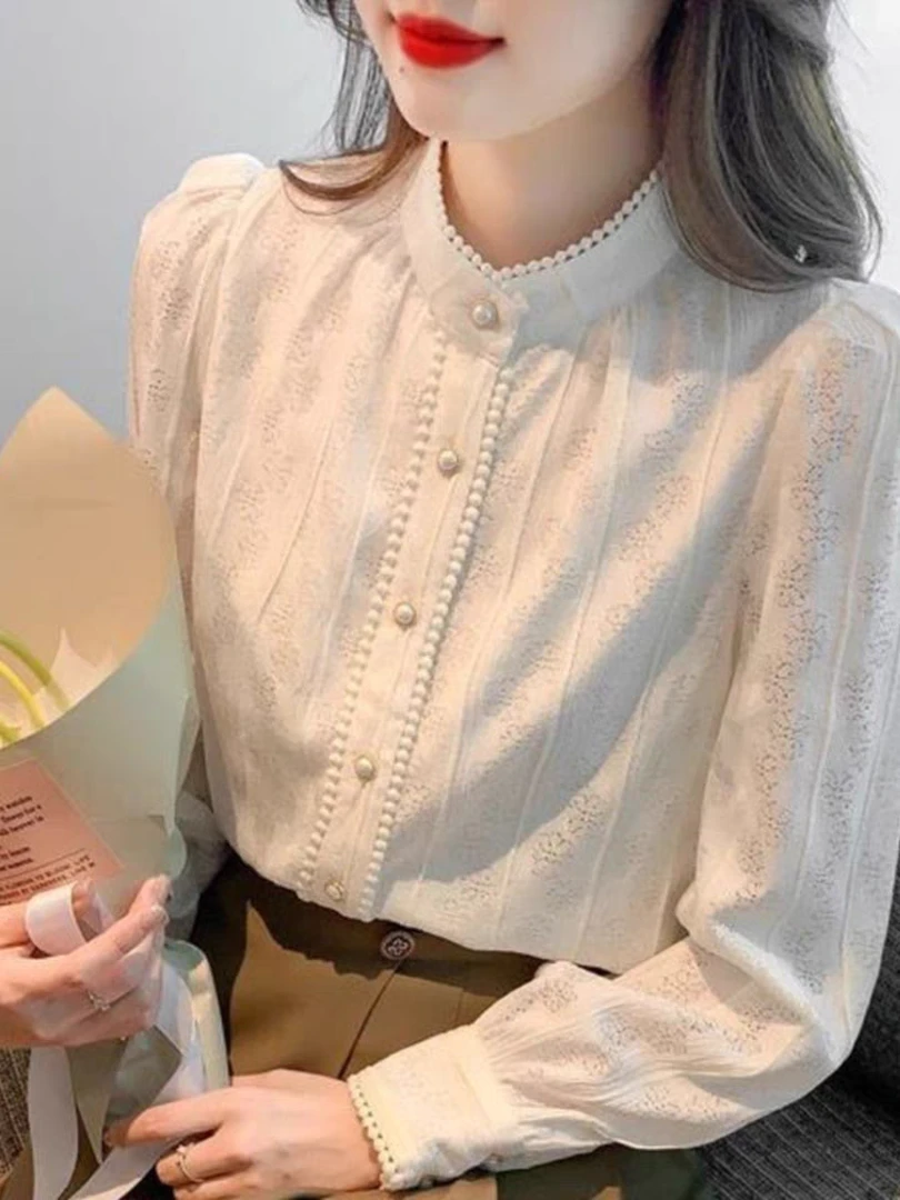 A20新款法式复古立领长袖内搭蕾丝打底衫设计感上衣