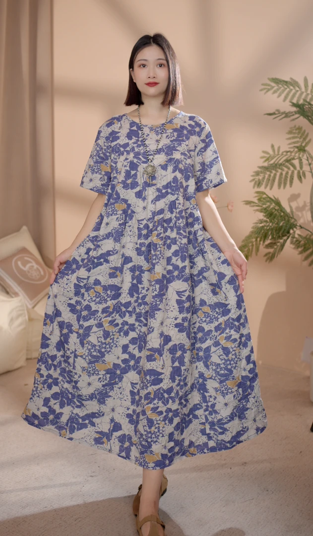 夏季新款高端碎花长款印花宽松收腰显瘦遮肉连衣裙长裙