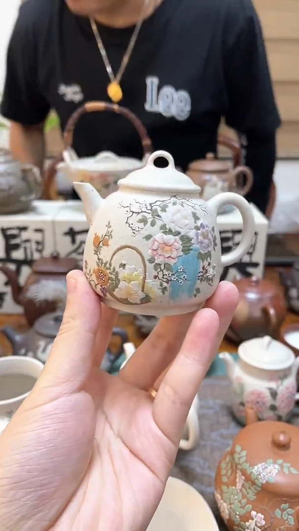 茶壶紫砂白泥牡丹清供壶100cc