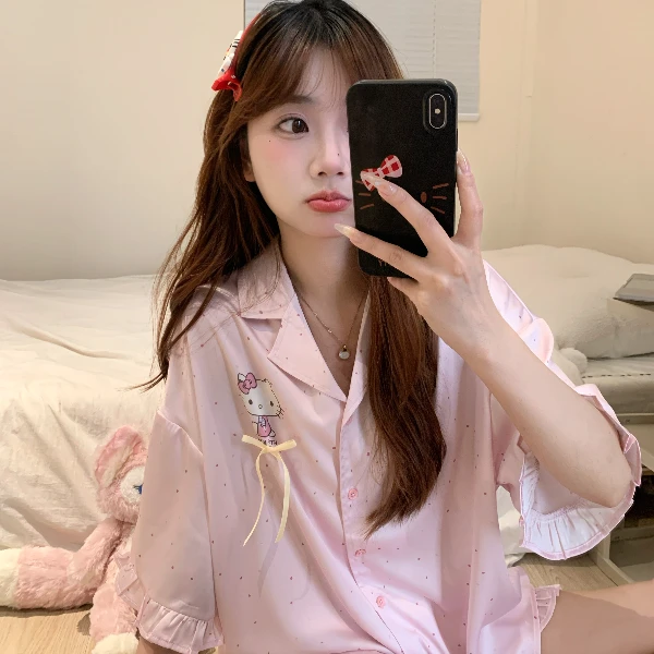 ins风甜美卡通Kitty印花休闲睡衣女春秋款网红风新款家居大码套装