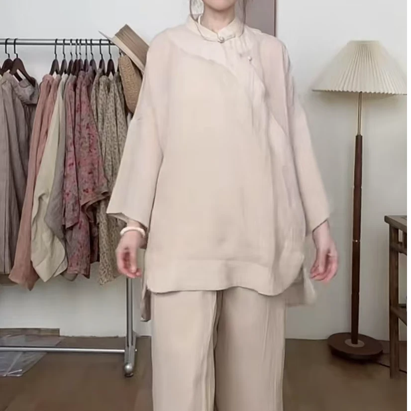 静家 中式灰米色宽袖古风斜襟苎麻立领中长上衣 双层长裤 套装