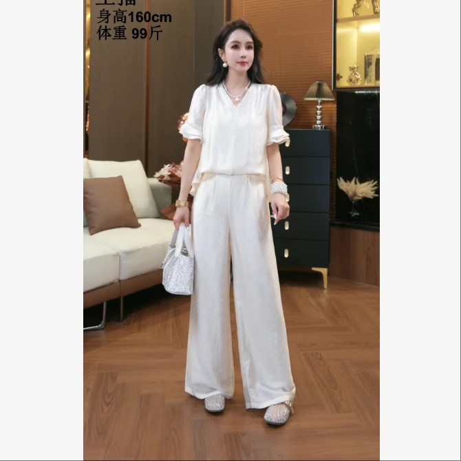 【鑫蕾】夏季时尚气质女装显瘦短袖上衣阔腿裤时尚套装28879