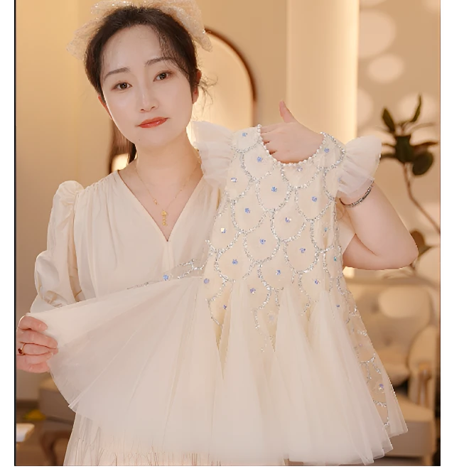 【Y.a9412】2025夏季女童重工亮片网纱公主裙女宝洋气连衣裙