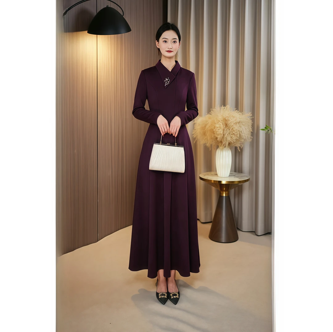 2025春季新款紫色遮肉显瘦轻奢时尚修身名媛职业女神范连衣裙