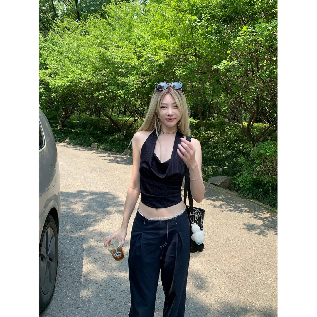 【高智珍妮】2025夏季新款高级感荡领挂脖背心配蕾丝花边牛仔裤套装