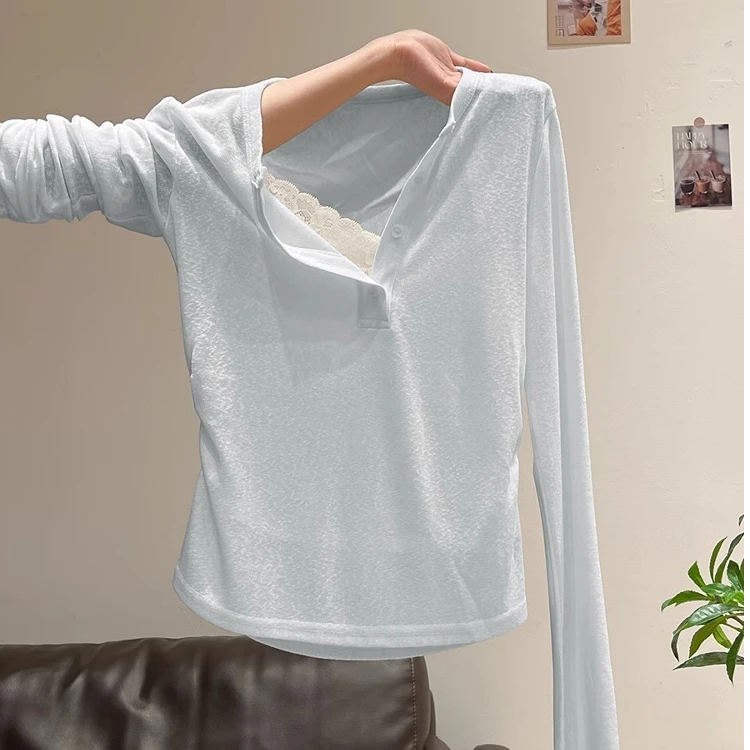 美到词穷！绝美纯欲蕾丝拼接半开领微透长袖t恤女夏季薄款防晒罩衫