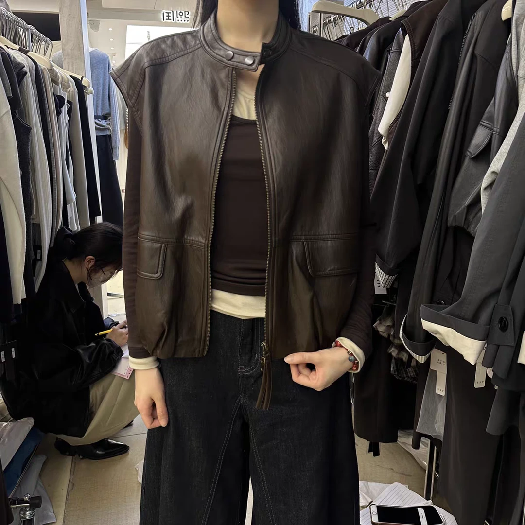 FST港风休闲pu皮衣马甲外套女秋季款两粒扣立领宽松马夹背心上衣