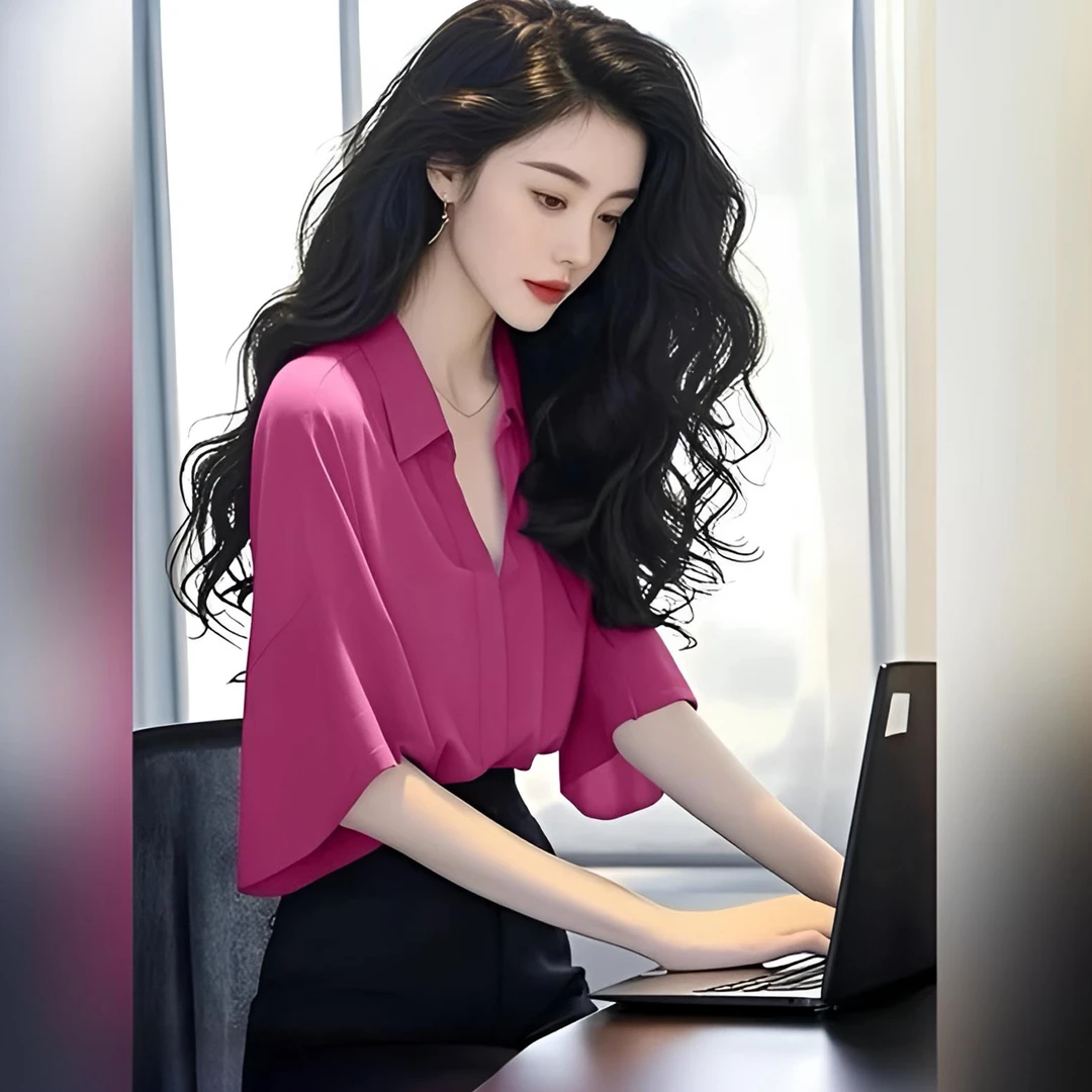 法式独特玫红色短袖衬衫女夏季新款冷淡系高级感气质雪纺宽松上衣