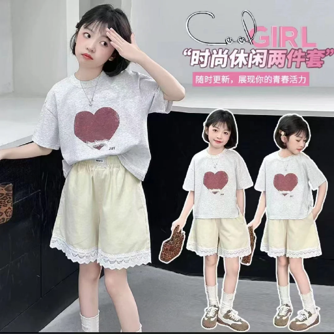 中大童花边短裤套装147