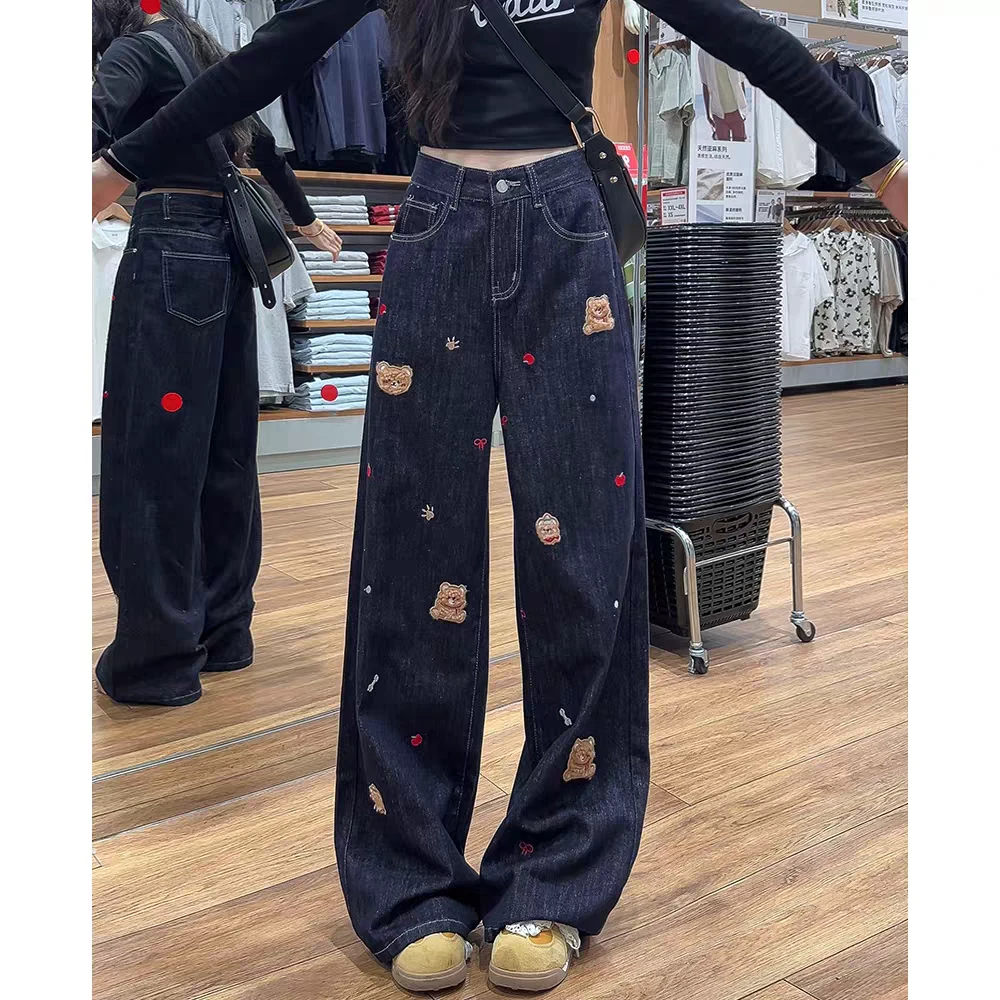 美式小熊贴布刺绣牛仔裤女秋季百搭设计感阔腿长裤直筒拖地裤