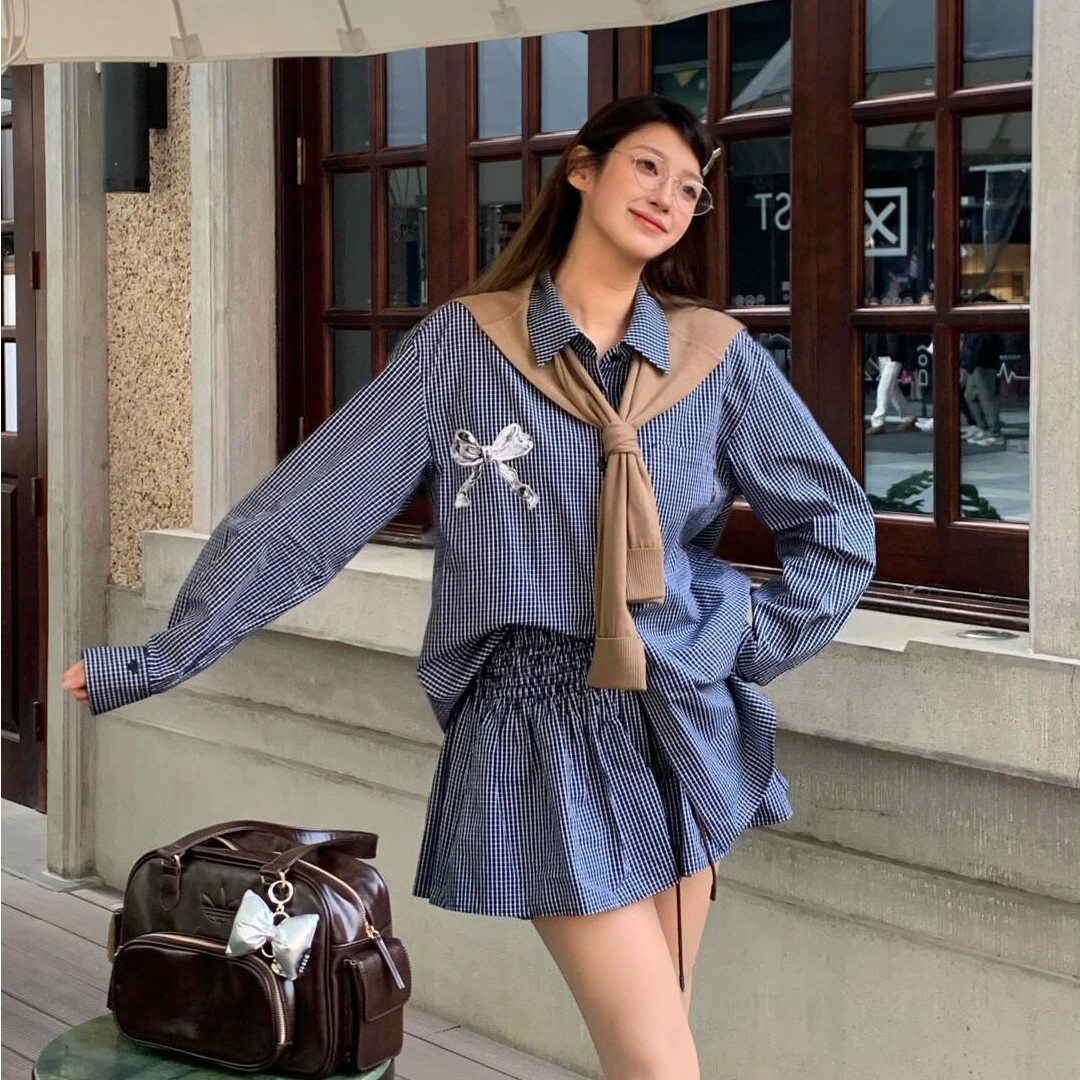 R302学院风少女休闲条纹设计师款时尚上衣长袖衬衣蓝格子套装302