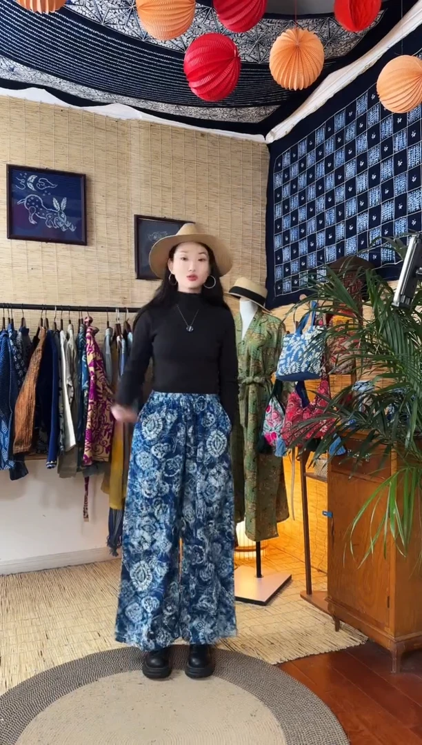 【闪购商品】设计师款蓝花纹阔腿裤