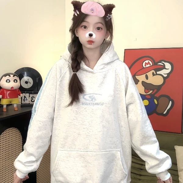 国潮牌美式情侣美式刺绣插肩三条杠卫衣女宽松加绒加厚连帽上衣