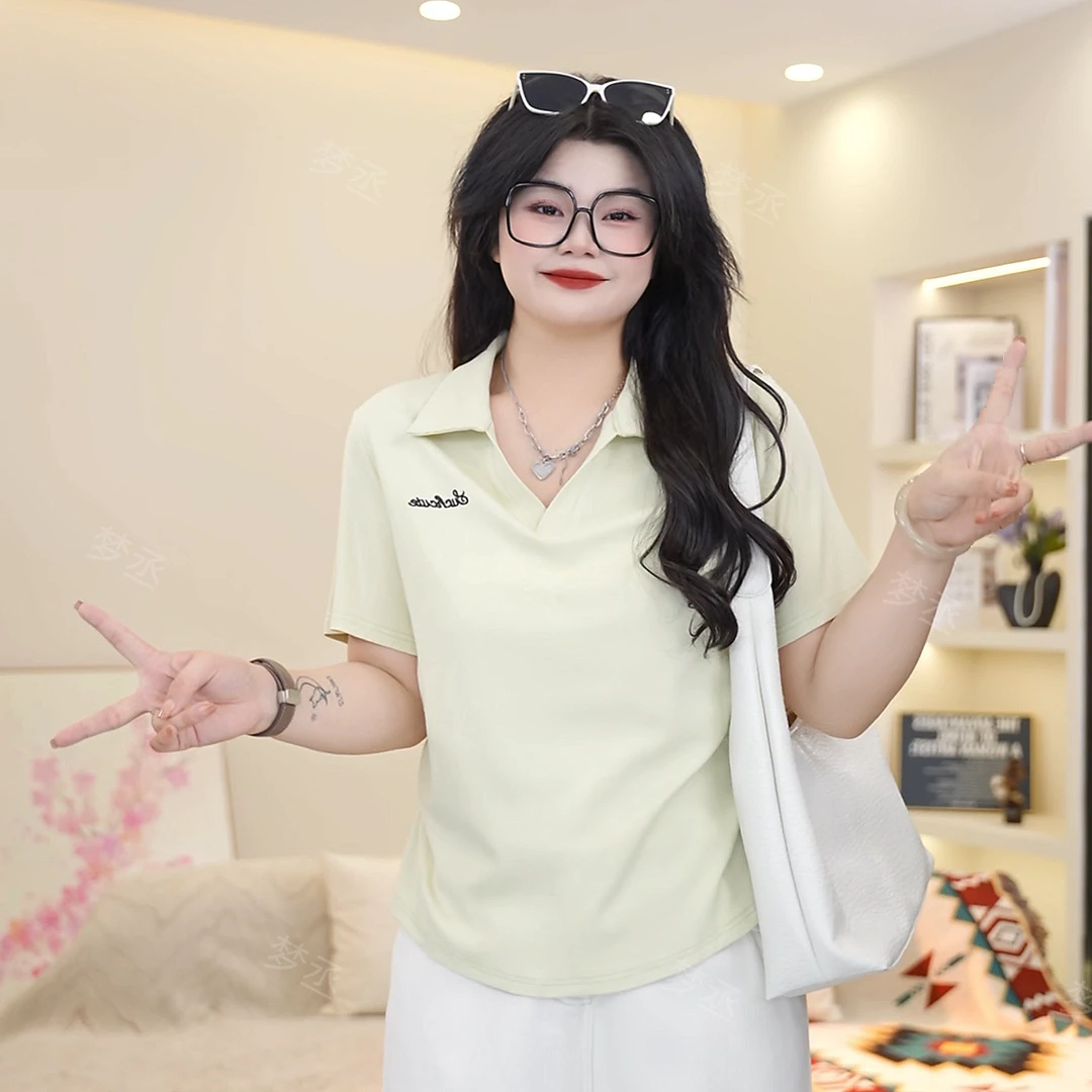 梦丞-V领夏季大码女装刺绣弧形宽松百搭收腰气质减龄短袖T恤上衣