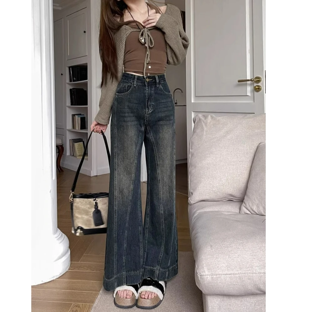 加大码300斤做旧直筒阔腿裤女装秋冬季复古新款垂感拖地牛仔裤