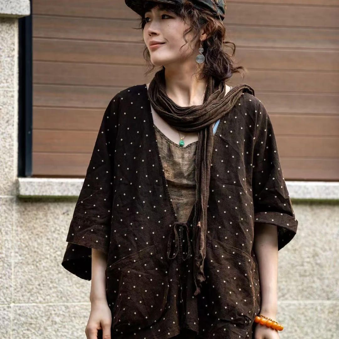 2025夏季新款休闲百搭宽松复古汉麻+棉提花上衣08435