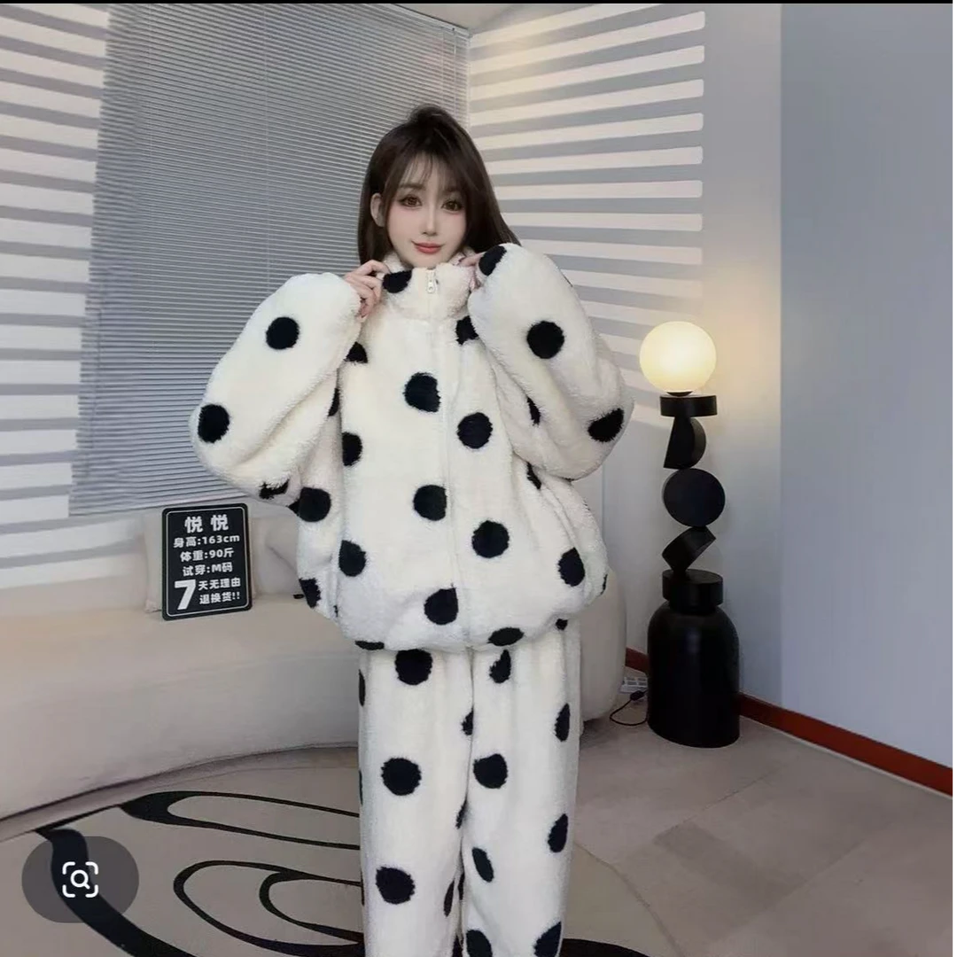 冬季新款双面海岛绒加绒加厚时尚休闲波点保暖女家居服