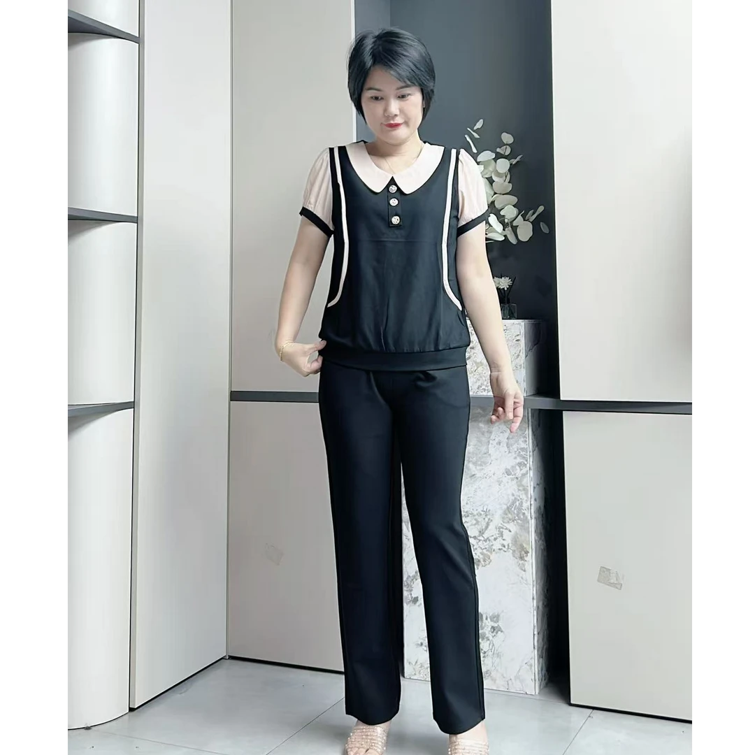 78513拼接夏季套装时尚显瘦妈妈套装