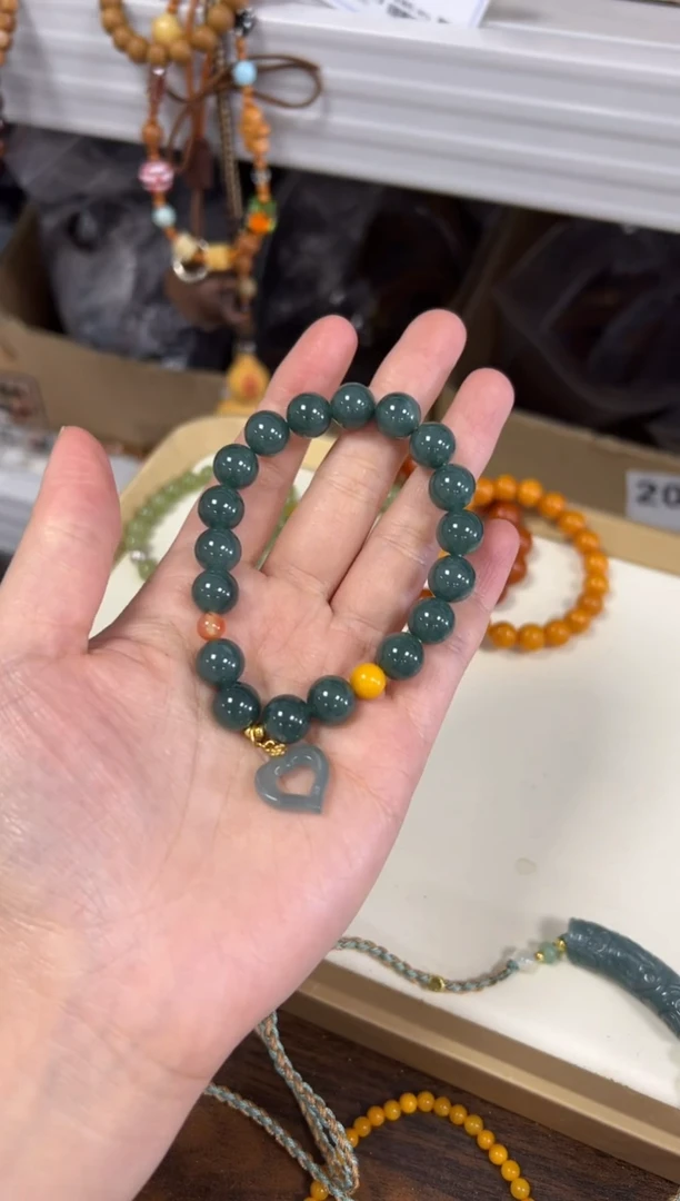 银S925镶嵌手链翡翠蓝水翡翠银爱心款手链[1926]