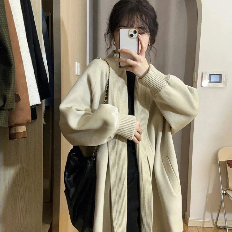 复古日系高级感杏色针织开衫女秋冬中长款慵懒风毛衣外套软糯上衣