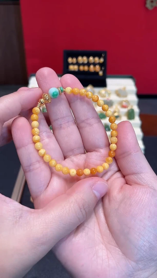 蜜蜡颈饰银S925镀金镶嵌手串