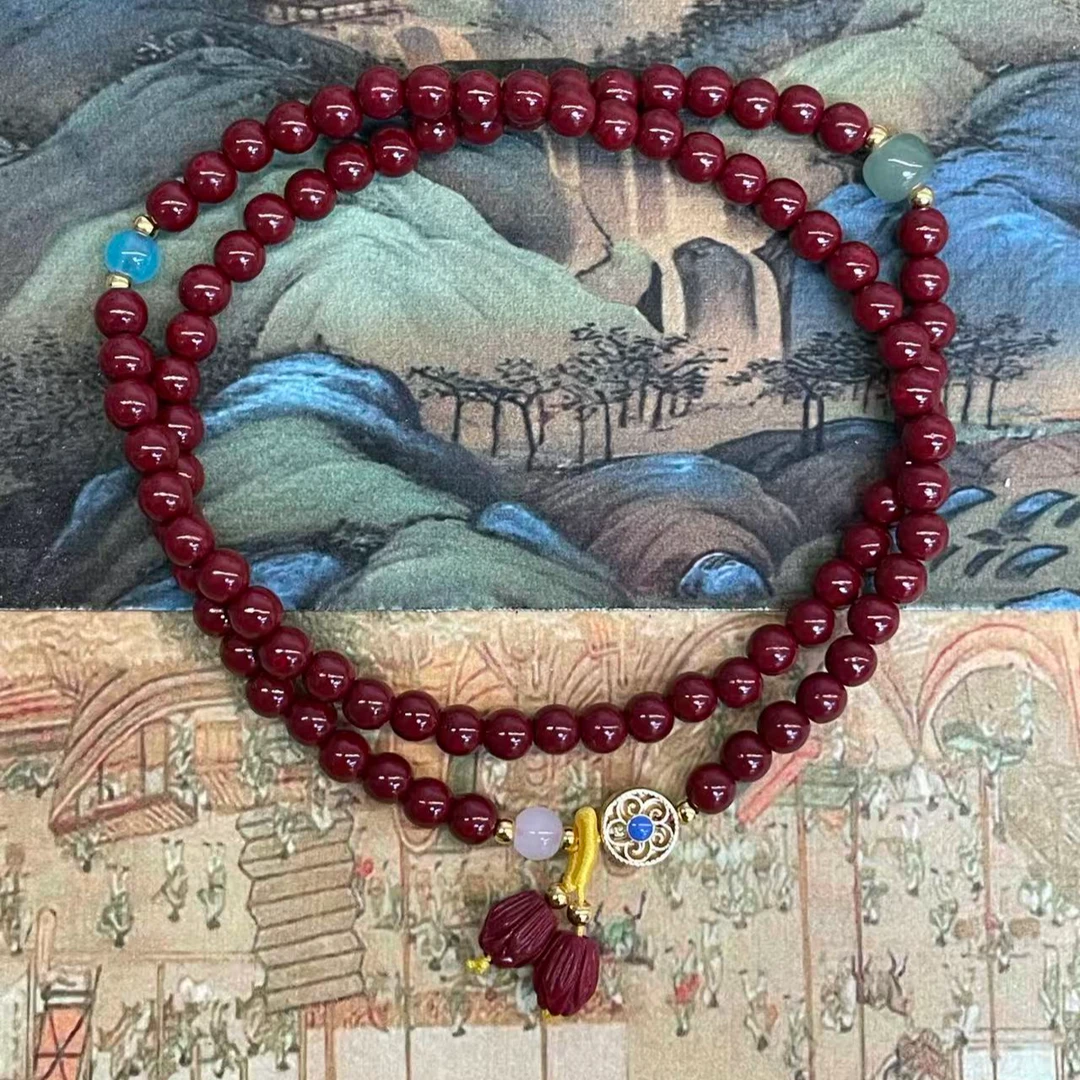 含辰砂工艺品S1380-并蒂开花朱砂0.6莲花花苞双圈手串