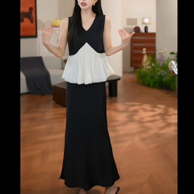 纯欲慵懒风女装荷叶边无袖上衣减龄休闲半身裙套装洋气衣服女夏季