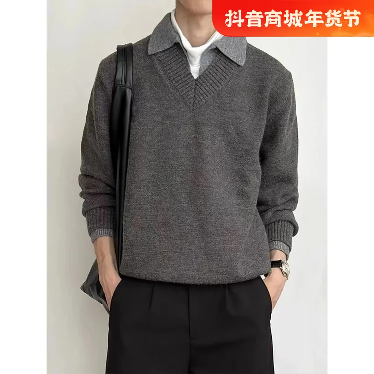 stay the night假两件双v领毛衣男款冬季慵懒风针织衫内搭打底衫